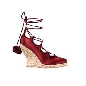 Tory Burch Pom Pom Wedge Espadrilles 5.5 Red NEW